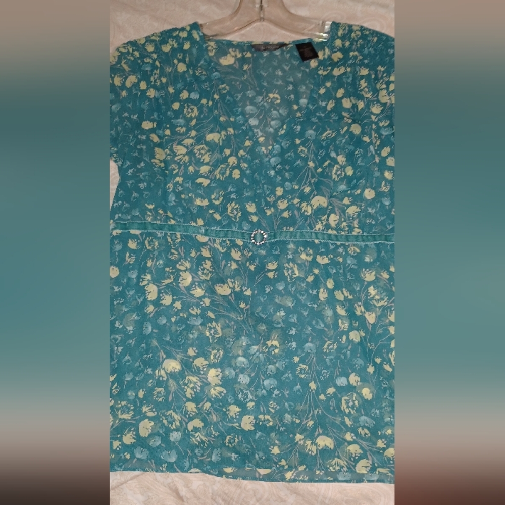 New Liz Claiborne Teal and Yellow Floral Blouse